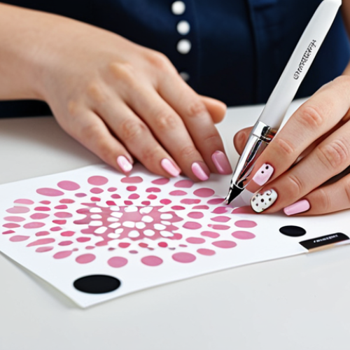 Home 21 **
A woman's hands creating nail art with a dotting pen. The nails are fully clothed with a base coat of light pink. She is using the dotting pen to make a flower design with white dots. The background is a clean, well-lit workspace with nail polish bottles and tools neatly arranged. Appropriate attire, safe for work, perfect anatomy, well-formed hands, proper finger count, natural body proportions, professional, modest, family-friendly.
**