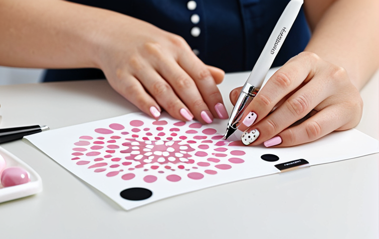**
A woman's hands creating nail art with a dotting pen. The nails are fully clothed with a base coat of light pink. She is using the dotting pen to make a flower design with white dots. The background is a clean, well-lit workspace with nail polish bottles and tools neatly arranged. Appropriate attire, safe for work, perfect anatomy, well-formed hands, proper finger count, natural body proportions, professional, modest, family-friendly.
**
