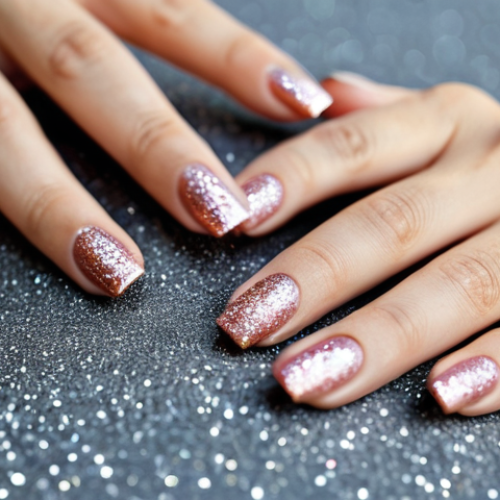 Home 20 Glitter Nail Art**
"Close-up photo of a woman's hand with perfectly manicured nails, showcasing glitter nail art. The glitter is sparkling and catching the light. She is fully clothed and in appropriate attire. The background is blurred, focusing on the nails. Safe for work, appropriate content, fully clothed, professional, family-friendly, perfect anatomy, correct proportions, well-formed hands, proper finger count, natural body proportions."
**