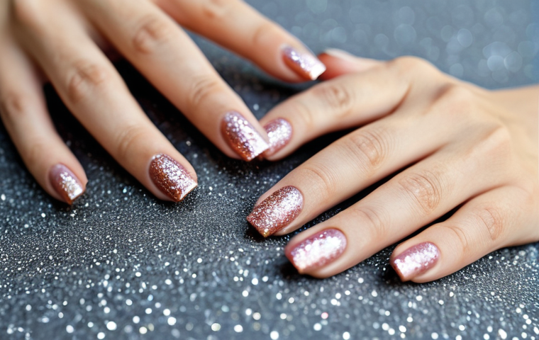 Glitter Nail Art**
"Close-up photo of a woman's hand with perfectly manicured nails, showcasing glitter nail art. The glitter is sparkling and catching the light. She is fully clothed and in appropriate attire. The background is blurred, focusing on the nails. Safe for work, appropriate content, fully clothed, professional, family-friendly, perfect anatomy, correct proportions, well-formed hands, proper finger count, natural body proportions."
**