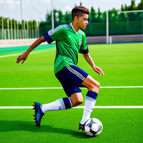 Home 11 A young man kicking a soccer ball on a vibrant green soccer field. He is wearing a fully clothed soccer uniform with appropriate athletic shoes (soccer cleats), safe for work, perfect anatomy, natural proportions, professional sports photography, high quality, modest attire.