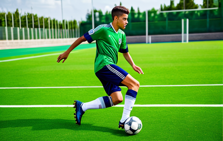 A young man kicking a soccer ball on a vibrant green soccer field. He is wearing a fully clothed soccer uniform with appropriate athletic shoes (soccer cleats), safe for work, perfect anatomy, natural proportions, professional sports photography, high quality, modest attire.